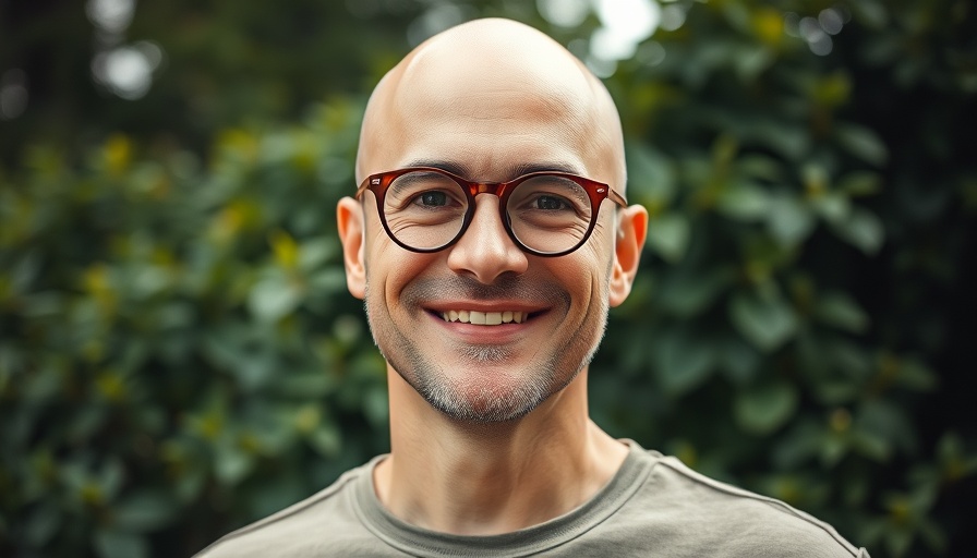 Smiling man outdoors with foliage, highlighting warm ambiance.
