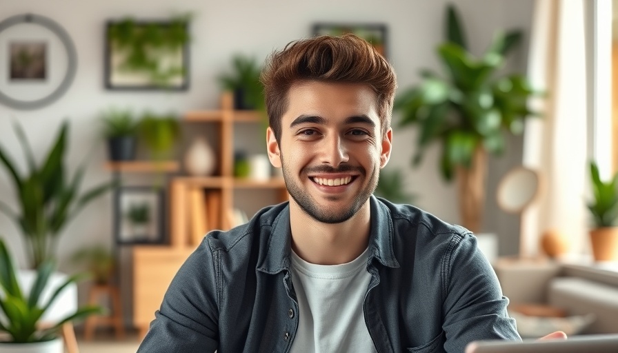 Confident young man in a stylish home office setting discussing remote work success abroad.