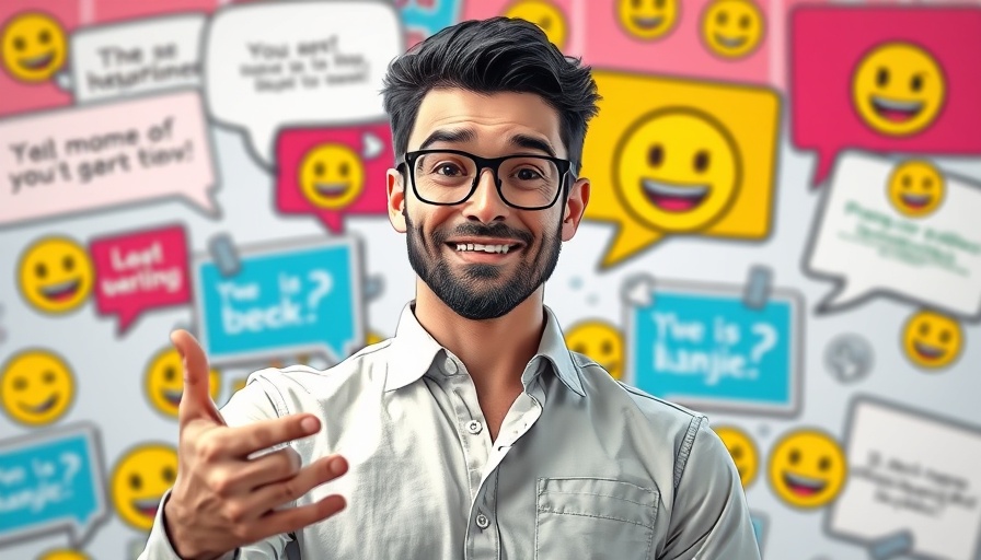 Confident man cartoon addressing language fears with humor.