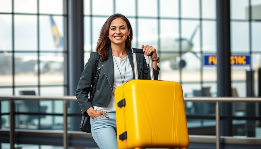 Confident woman moving to Spain with suitcase at airport.