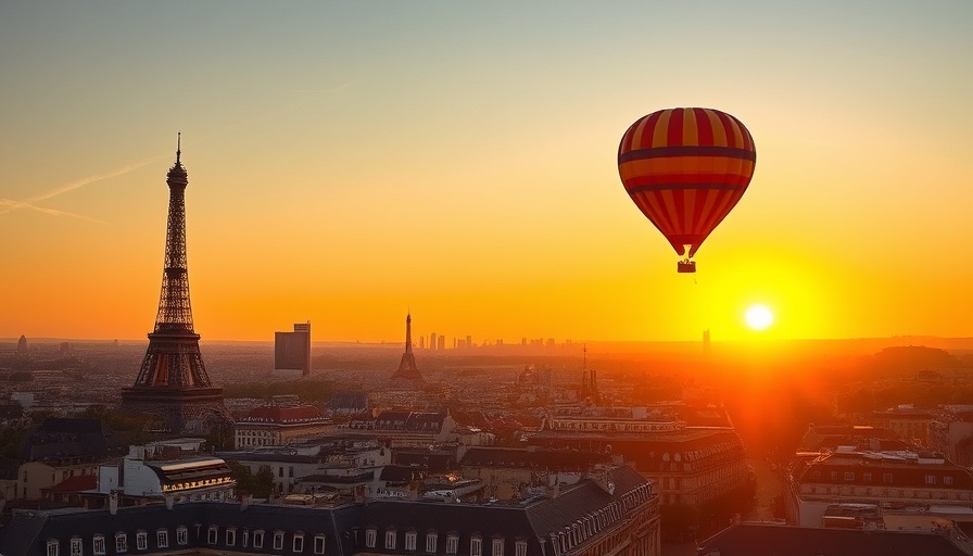 Sunset view of Paris skyline with text about US taxes for expats.