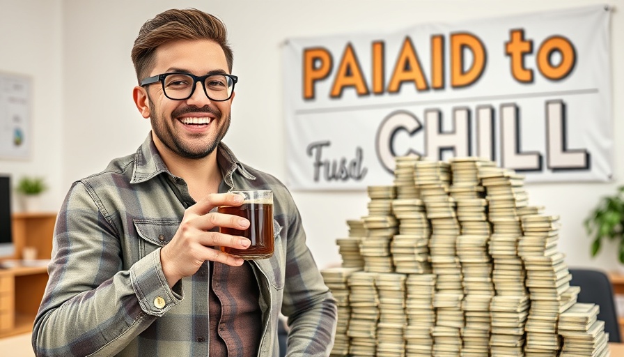 Cheerful man with coffee, surrounded by money, 'Paid to Chill' sign.