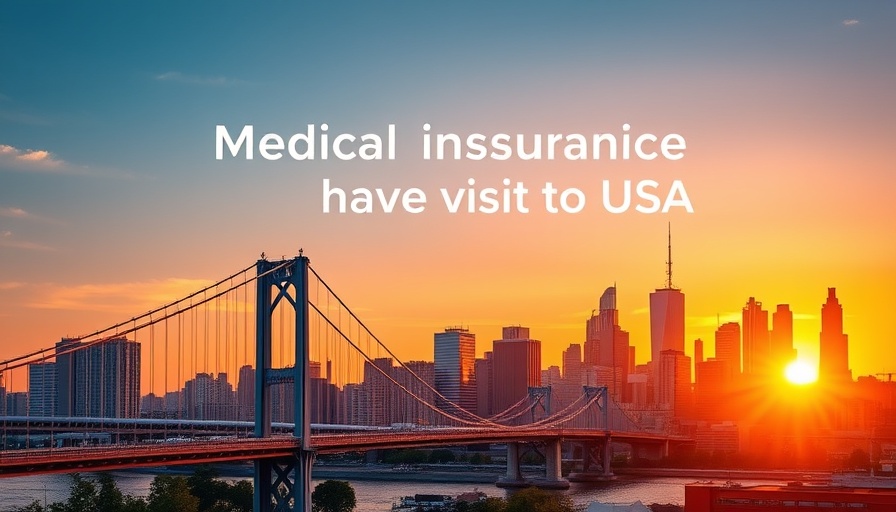 Best Medical Insurance for Visitors to the USA promotional cityscape at sunset.