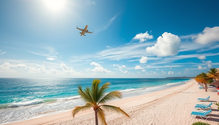Flying to Mexico concept with a plane over a beach