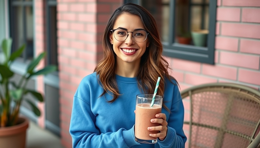 Smiling woman holding smoothie by a pink wall - spring smoothie date.