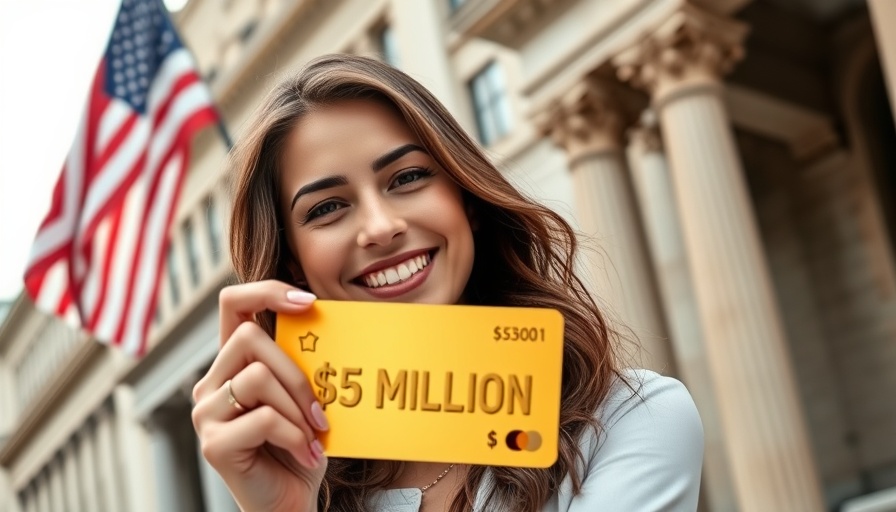 Young woman with $5 million Gold Card, American flag background.