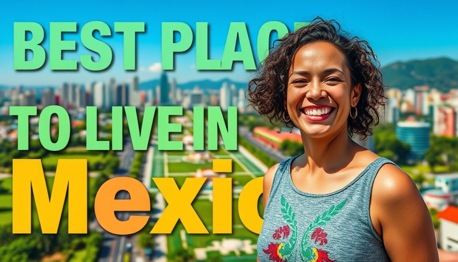 Smiling woman in front of cityscape promoting Best Places to Live in Mexico.