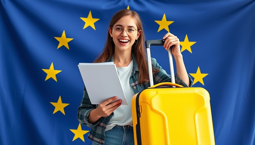 Bright yellow suitcase and travel documents held by woman; Schengen Visa Insurance.
