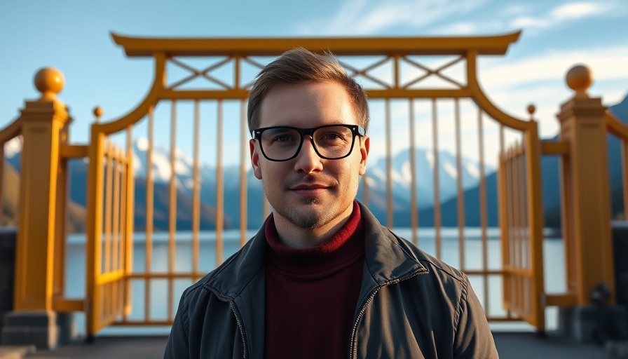 Man in front of golden gates with New Zealand mountains.