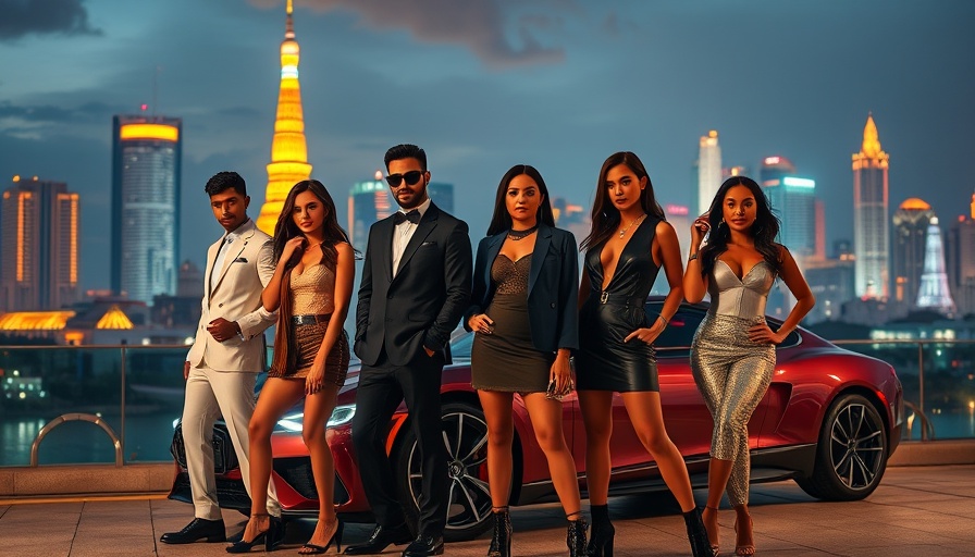 Luxury living in Bangkok with fashion models and skyline.