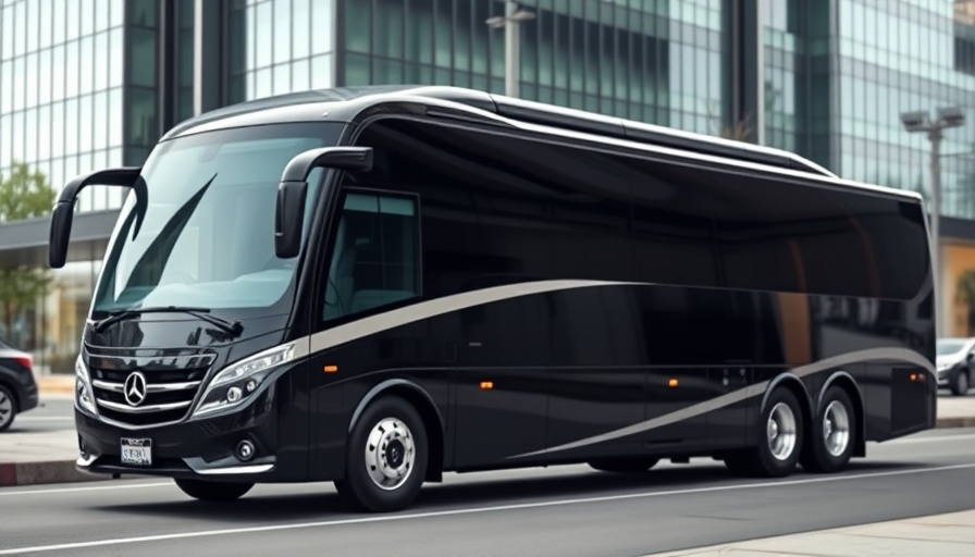 Sleek modern luxury bus parked in city, showcasing the luxury bus travel experience.