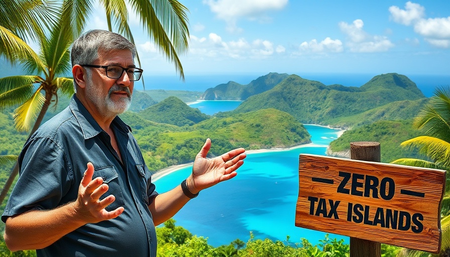Beautiful tax-free island setting, man highlighting no-tax benefits.