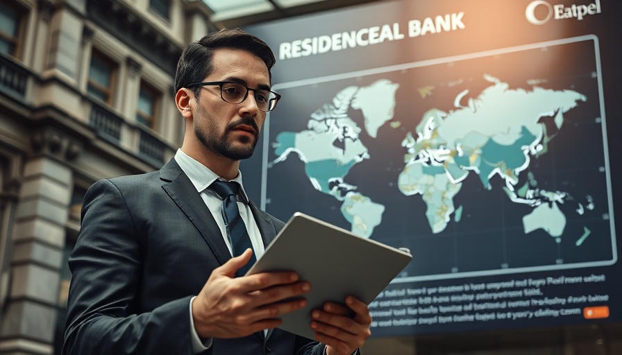 Explaining second residence permits for banking with bank facade background.