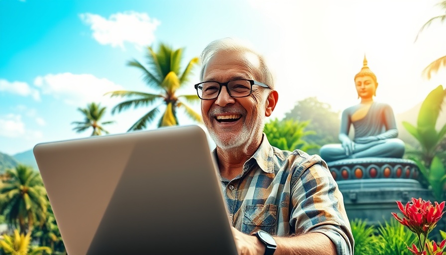 International remote jobs for seniors concept with tropical scenery.