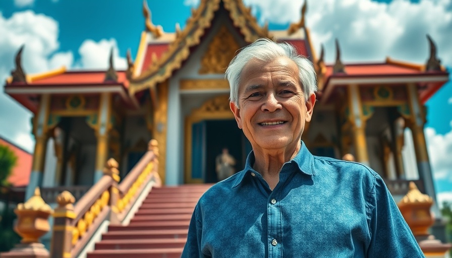 Thailand Health Insurance for Expats sign with man in blue shirt.