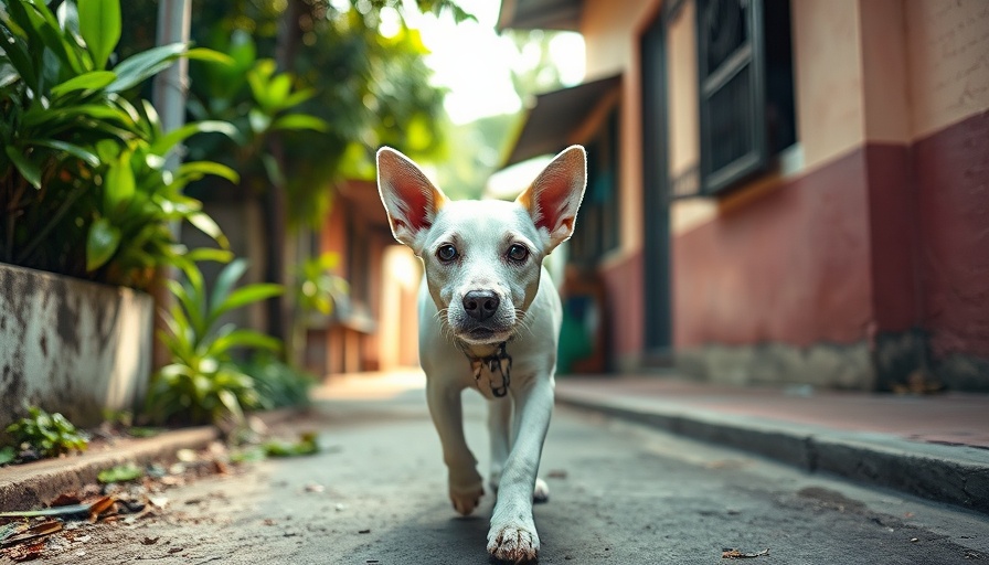 Curious white soi dog in Thailand walking on a rustic street.