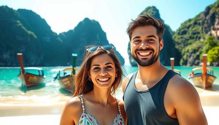 Krabi travel guide: Couple at beach with boats and cliffs.