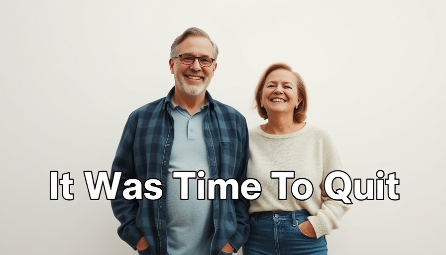 Middle-aged couple indoors with 'It Was Time To Quit' text, soft light.
