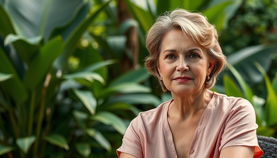 Confident woman redefining retirement amid lush garden.