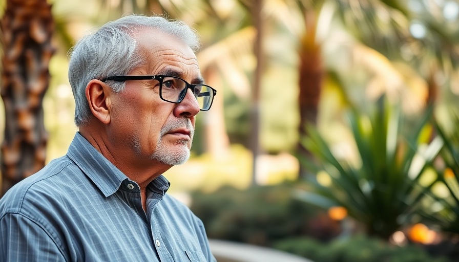Thoughtful older man contemplating in a garden, retirement drift.