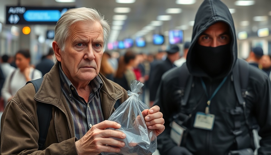 Older man at airport security, hinting at theft prevention.