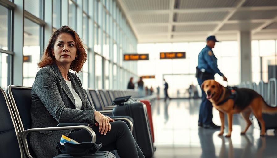Airport security check scene with woman and officer inspecting luggage.