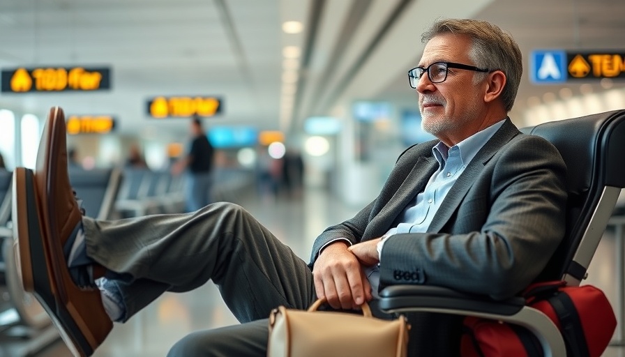Senior Travel Tips in airport lounge with leg propped.