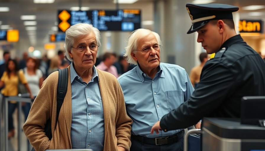 Older couple at security, officer points at banned cruise items, 2025.