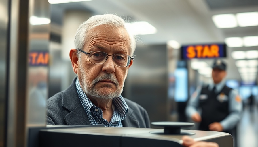 Older man at TSA checkpoint scanning error, TSA line mistakes scene.