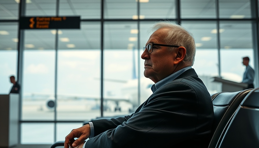 Older man waiting at airport terminal, contemplating travel.