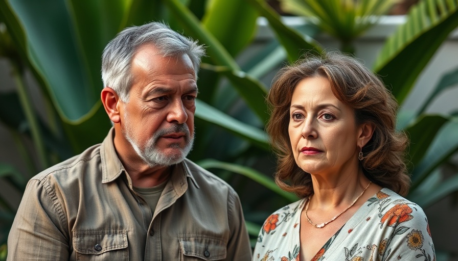 Middle-aged couple discussing retirement at 55 in a garden setting.