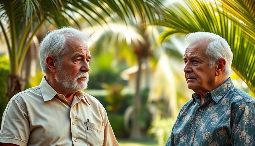 Older couple discussing retirement myths outdoors in a garden.