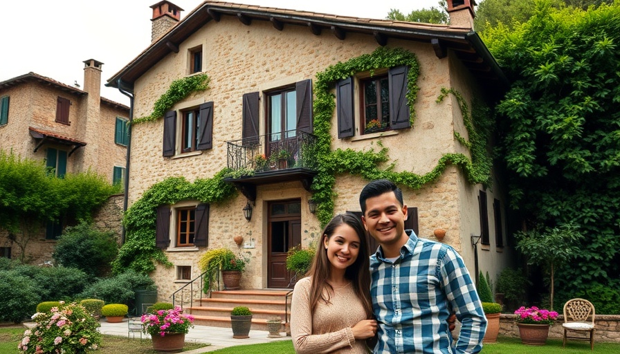 Tuscany dream home with couple in front, countryside charm.