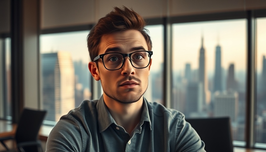 Young man in office with a questioning look about retirement before 55.