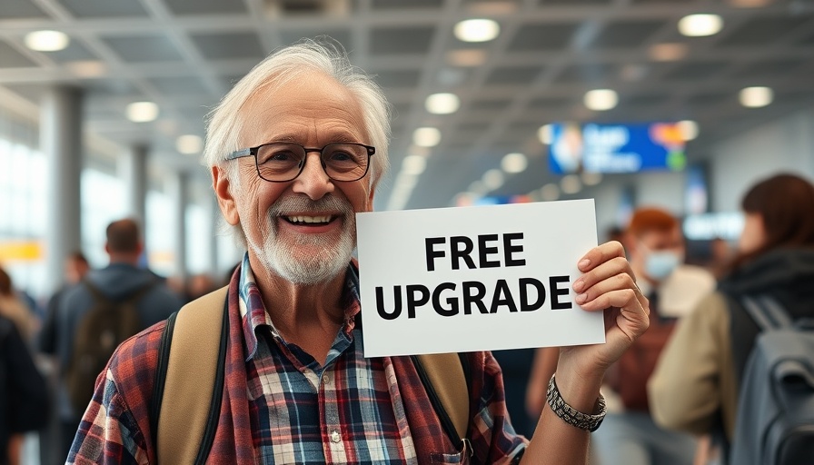 Senior man in airport holding free upgrade sign, hidden airline benefits for seniors over 70.
