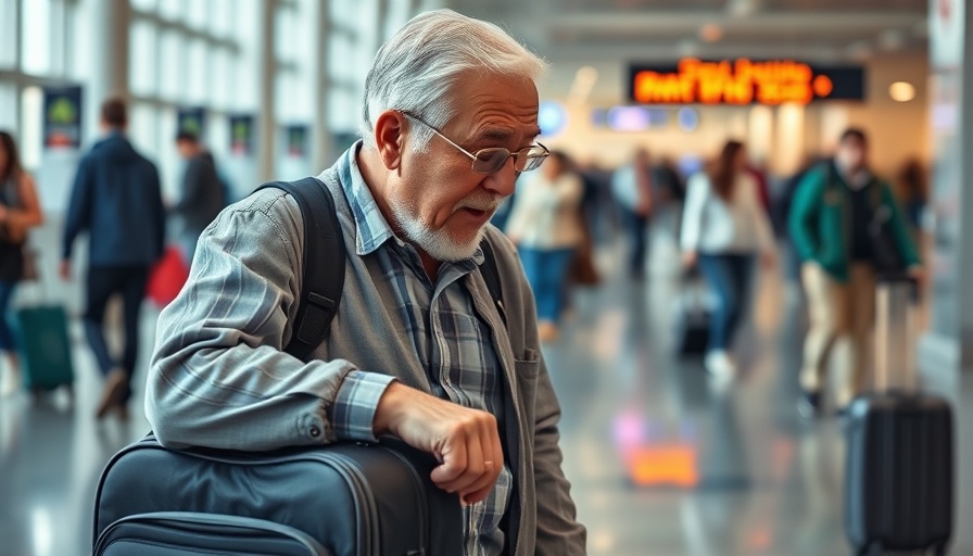 Elderly man at airport checking suitcase, airport hacks for seniors.
