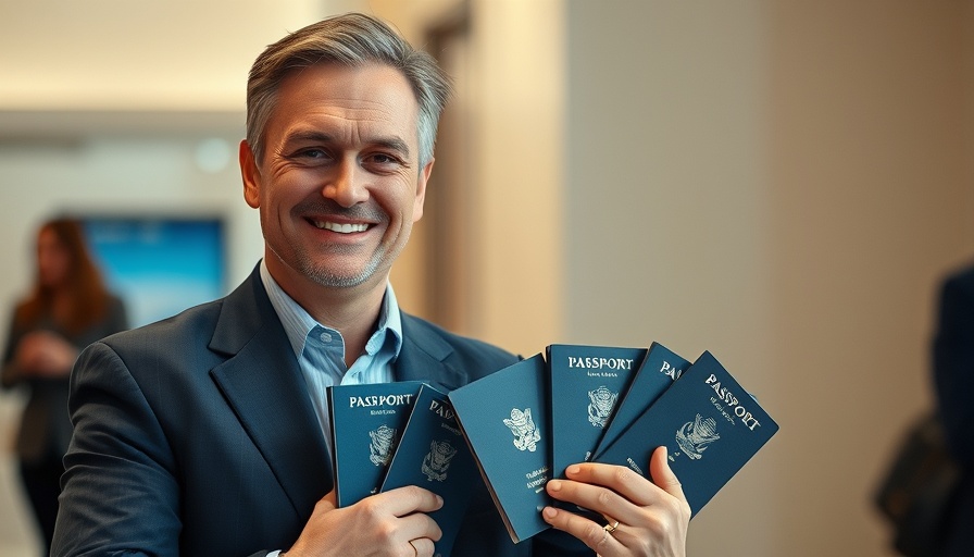 Confident man with blurred background emphasizing birth tourism benefits.