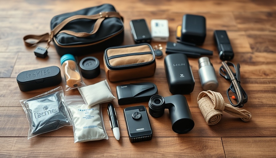 Essential travel items for seniors, including toiletries and a massage ball, arranged neatly.