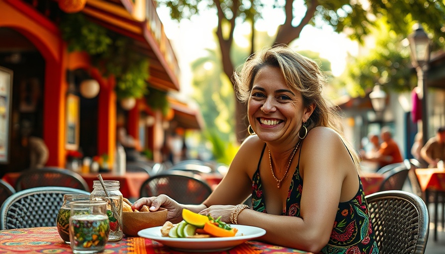 Friendly woman experiencing Mexican culture, dining outdoors.
