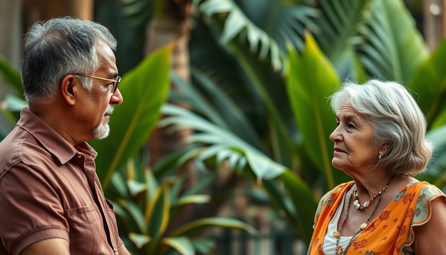 Middle-aged couple discussing retirement milestones in tropical setting