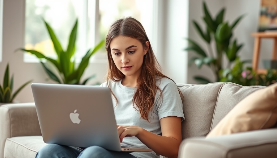 Young woman on couch using laptop, related to expat scams.