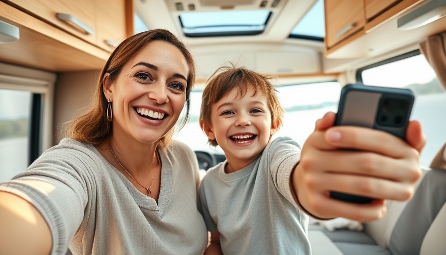 Mother and child taking a selfie in a motorhome, bright interior.