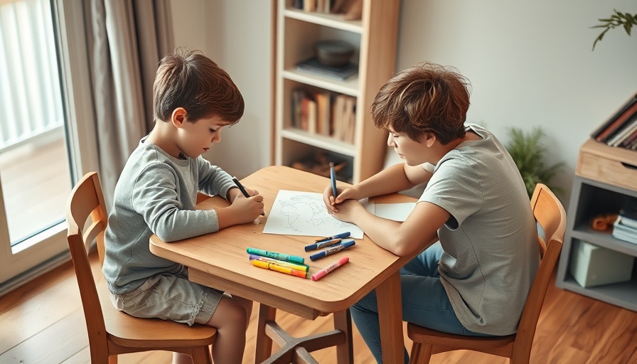 Expat parents teaching child at a small wooden table with colorful markers.