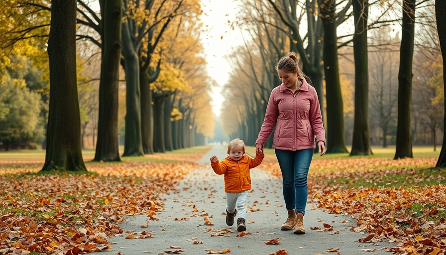 Reflections on motherhood, mother and child walking on autumn path.