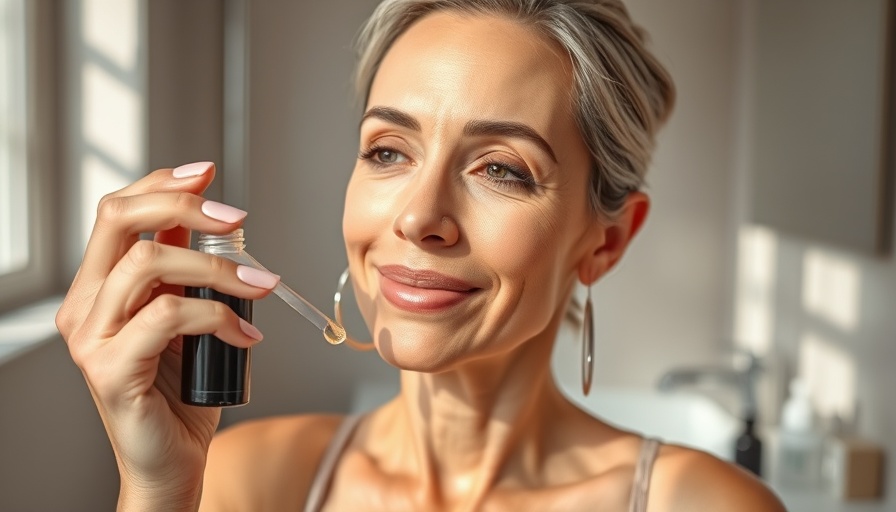 Middle-aged woman using serum for glowing skin in a modern bathroom.