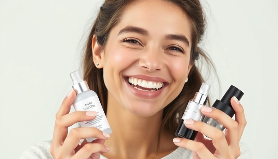 Smiling woman with minimalist beauty products in bright light.