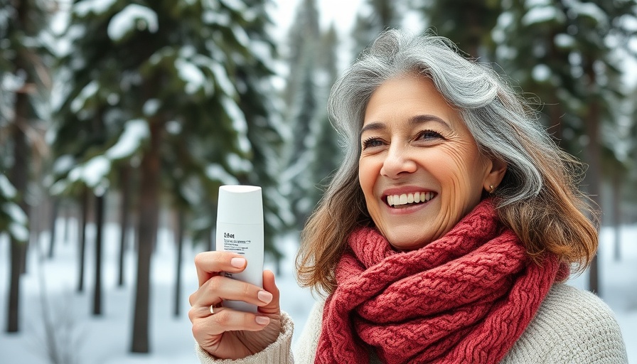 Mature woman with tinted sunscreen in snowy forest - ideal for mature skin protection.