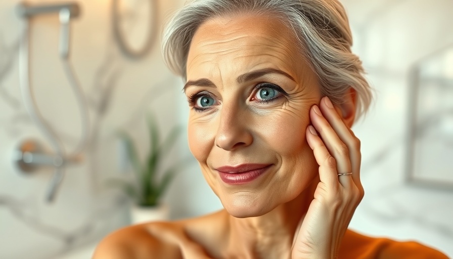 Middle-aged woman achieving glowing skin after 40 in a stylish bathroom.