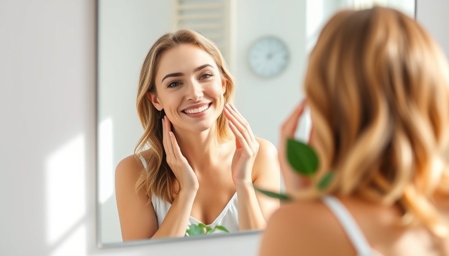 Smiling woman practicing oil cleansing in a bright bathroom.