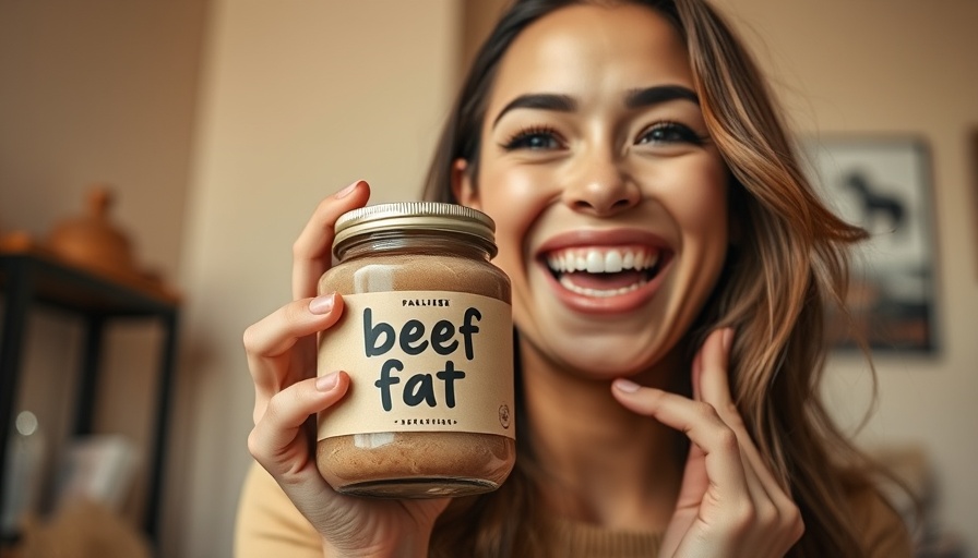 Woman holding beef fat promoting anti-aging benefits, indoors.